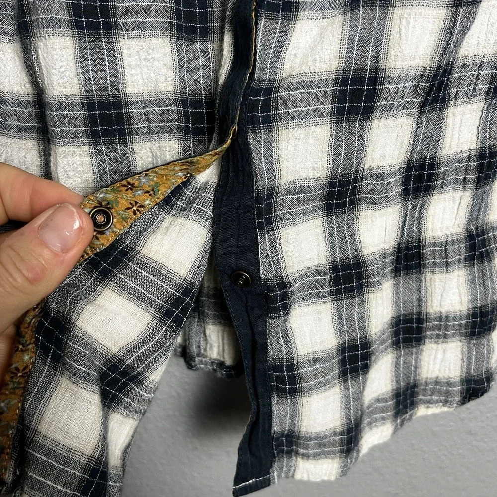 Free People Tunic XS Black‎ Cotton Plaid Country Chic Preppy Shirt Button Blue